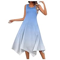 Dresses for Women 2024 Summer Trendy Sleeveless Tank Dress Irregular Hem Boho Floral Print Casual Midi Sundress with Pockets