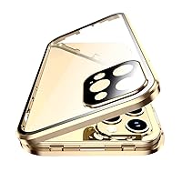 HENGHUI Lockable iPhone 15 Pro Magnetic Case Glass Case with Camera Lens Protector Screen Protector Safety Lock 360 Full Body Double Sided Glass Bumper Case Clear Cover (Gold)