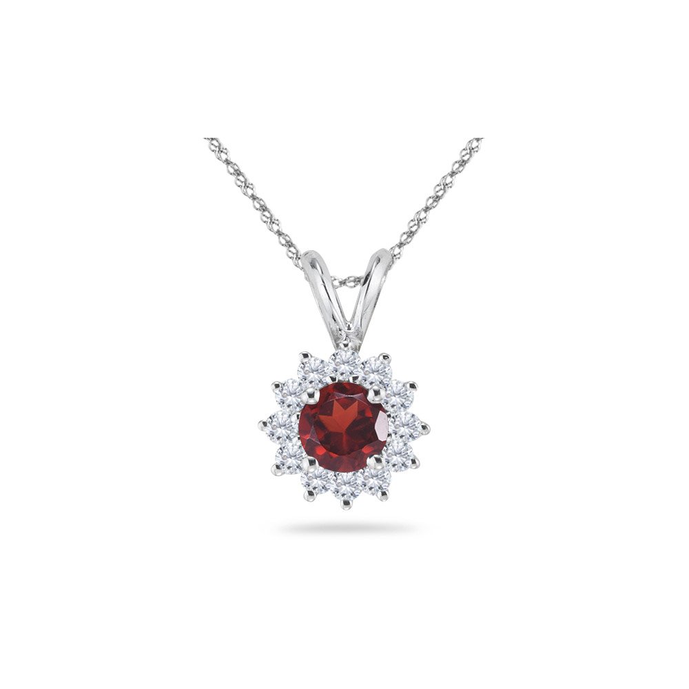January Birthstone - Diamond Cluster Garnet Solitaire Pendant AAA Round Shape in 14K White Gold Available from 5mm - 8mm