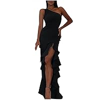 Womens Solid Color One Shoulder Elegant Long Evening Dress Sleeveless Slim Split Ruffle Fashion Maxi Dress