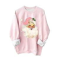 TUNUSKAT Womens Sweatshirt Pink Crewneck Pullover 2023 Fashion Long Sleeve Santa Graphic Shirts Teen Girl Loose Fit Fall Tops