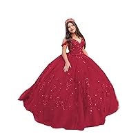 Modest Prom Dresses Ball Gown with Straps 3D Floral Flowers Puffy Tulle Quinc Formal V Neck Dress 2024