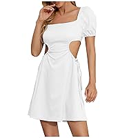 Women Cut Out Plaid/Solid Puff Short Sleeve Flowy Mini Dress Summer Square Neck Lace-Up Back Sexy Y2K Beach Dresses