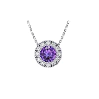 Classic February Birthstone, Amethyst, Set in 14k Gold Halo/Cluster Pendant Necklace with 12 Beautiful Round Diamonds (H-I Color I1 Clarity) 18