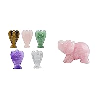 mookaitedecor Bundle - 2 Items: Set of 5 Guardian Angel Figurines & Rose Quartz Elephant Crystal Sculpture Statue for Home Table Decor