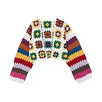 Plaid Flower Crochet Short Cardigan Hollow Out Knitted Sweater Coat Women Spring Knitwear Clothing