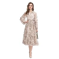 Unique Luxury Women Evening Gown Dress Khaki Floral Elegant Winter Long Sleeve Midi Party Dress