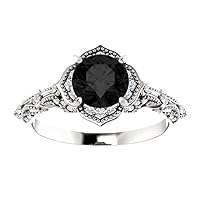Love Band 2.50 CT Vintage Floral Black Diamond Engagement Ring 14k White Gold, Victorian Flower Black Diamond Ring, Art Nouveau Black Onyx Ring, Antique Ring, Classic Ring For Her
