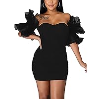 LYANER Women’s Off Shoulder Ruffle Sleeve Stretchy Party Club Bodycon Mini Dress