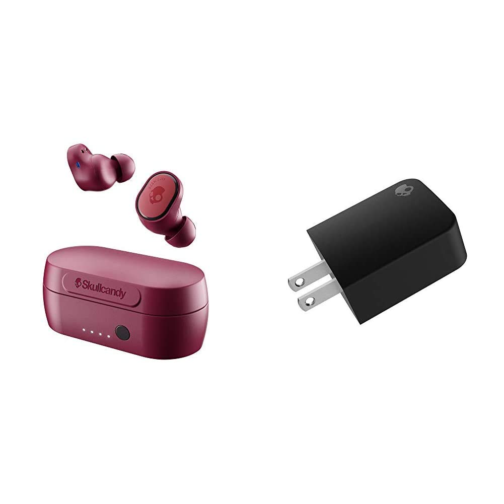 Skullcandy Sesh Evo True Wireless in-Ear Earbud in Deep Red with a Skullcandy Fix AC Adapter with Single USB Port in Black
