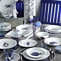 Nautical 24 Pieces Porcelain Dinnerware Set, Made in Turkey, Service for 6, Fish Themed Marine Plates and Bowls White