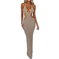 Women Sleeveless Knit Long Dress Spaghetti Strap Maxi Dress Sexy Cutout Bodycon Long Beach Dress