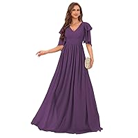 Women's V Neck Flutter Sleeve Bridesmaid Dresses for Wedding A-Line Long Pleated Chiffon Formal Party Gown