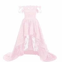 Women's Hi-Lo Off The Shoulder Prom Dress high Low Sleeve Lace Evening Dress 2018 Pink Maxi Dress