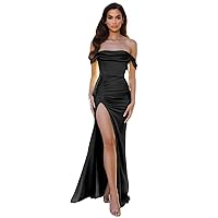 Women's Off The Shoulder Prom Dress Mermaid Satin Bridesmaid Dresses Long Formal Evening Gown with Slit MA39
