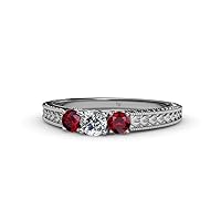Ruby & Diamond Women Milgrain Work 3 Stone Engagement Ring 0.54 ctw Sterling Silver