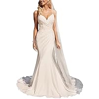 Basgute Lace Applique Mermaid Wedding Dresses for Bride Satin Spaghetti Straps Long Boho Beach Bridal Gowns for Women