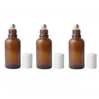 3Pcs Empty Refillable Amber Glass Roll-on Roller Bottles with Stainless Steel Roller Balls and White Cap for Essential Oil Perfumes Lip Balms Attar Travel Container size 30ml