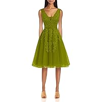 VeraQueen Women's V Neck Sleeveless Cocktail Dress Short Lace Appliques Homecoming Dress