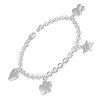 Teen Girls Silver Diamond Heart Star Flower Butterfly Charms Bracelet (7 1/4 in)