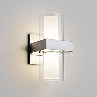 Dual Glass LED Bathroom Wall Sconces, Modern Chrome Up Down Wall Light Fixtures for Bathroom, Bedroom, Hallway, Dimmable Wall Mount Lighting with Clear/Opal Glass, 14W 1200lm 3000K, ETL Listed
