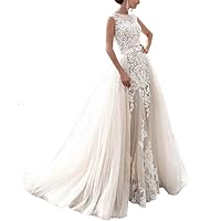 Women's Lace Appliqued Mermaid Wedding Dresses Jewel Neck Tulle Bride Gown with Detachable Train