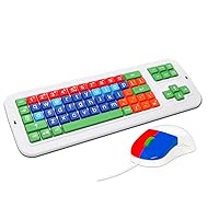 Kids Mouse and Keyboard Bundle - Spill Proof Large Print Lowercase Kids Keyboard + Matching Kids Mouse Ergonomic USB - Compatible with Win & Mac OS