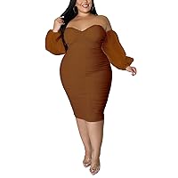 Women's Plus Size Off Shoulder Mesh Puff Long Sleeve Bodycon Ruched Midi Party Cocktail Dress