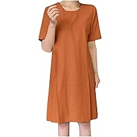 Women's Summer Short Sleeve Crewneck Solid Color Short Party Dress Cotton Linen Dresses Beach Basic T Shirt Dress