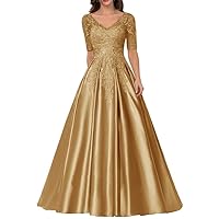 Women's Mother of The Bride Dresses Lace Applique Satin Formal Evening Dress with Sleeves V-Neck A Line Long Ball Gown