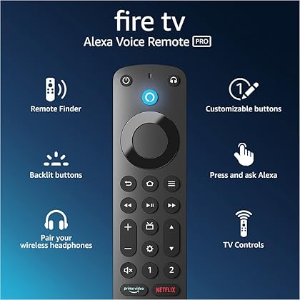 Amazon Alexa Voice Remote Pro, includes remote finder, TV controls, backlit buttons, requires compatible Fire TV device