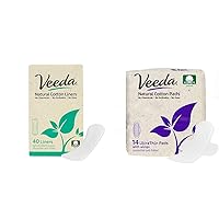 Veeda 40 Count Ultra Thin 100% Cotton Liners and 14 Count Ultra-Thin 100% Cotton Top Sheet Pads Bundle