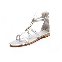 Women's Gladiator Flip Flops Flat Sandals Metal Decor Ankle Strap with Buckle Thong Shoes Silver