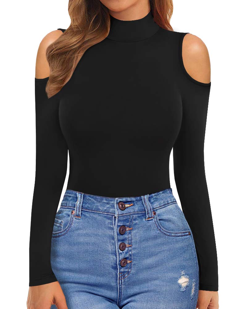 MANGOPOP Long Sleeve Body Suits for Womens Turtleneck Bodysuit Going Out Tops with Sexy Shoulder Cutout