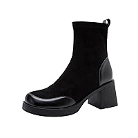 Fleece Lined Boots for Women Retro Novelty Round Toe Waterproof Warm Faux Plush Mid Heel Mid Calf Boots,JH67