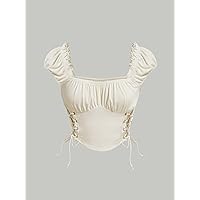 Women's Tops Women's Shirts Sexy Tops for Women Lace Up Side Ruched Bust Frill Trim Crop Tee (Color : Apricot, Size : X-Small)