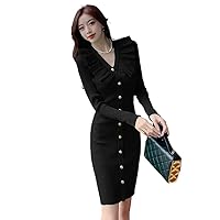 Han Simple Pencil Dress Women Autumn Bottoming Dresses Buttons V-Neck Elastic Knitted