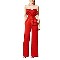 VeraQueen Women's Sweetheart Jumpsuits Evening Dresses with Pockets Satin Red Formal Dress Prom Gowns Pants with Bow