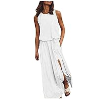 Dresses for Women 2024 Sleeveless Casual Solid-Color Summer Swing Long Dresses Party Beach Round Neck Dresses