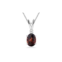 January Birthstone - Garnet One Diamond Accented Garnet Solitaire Pendant AAA Oval Checkered Shape in 14K White Gold Available from 7x5mm - 14x10mm