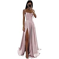 Women's Spaghetti Straps Satin Prom Dress Floor Length Formal Evening Party Gowns with Slit