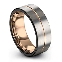 Tungsten Wedding Band Ring 9mm for Men Women 18k Rose Gold Plated Flat Cut Center Line Black Grey Brushed Polished