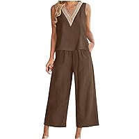 2 Piece Outfits for Women Summer Linen Sleeveless Guipure Lace V Neck Crop Tank Top Wide Leg Capri Pants Set Sets