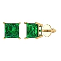 2.1 ct Brilliant Princess Cut Solitaire VVS1 Simulated Emerald Pair of Stud Earrings Solid 18K Yellow Gold Screw Back