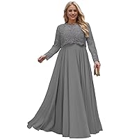 2 Pieces Mother of The Bride Dress Chiffon Long Sleeves Formal Evening Gown Lace Wedding Guest Dresses for Women
