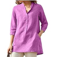 Women's Solid Colour Seven Part Sleeve Stand up Collar Cotton Linen Casual Pullover Shirt