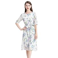 Women's Silk Dress,Spring and Summer New Half Sleeve O-Neck,White Floral,mid-Waist，fit Mulberry Silk midi Skirt (Medium)