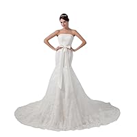Ivory Mermaid Strapless Chapel Train Wedding Dresses With Lace Overlay