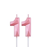 2 inch Pink 11 Birthday Candles, 3D Diamond Number 11 Cake Topper for Boys Girls Birthday Party Decorations Theme Party