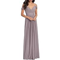 Women's V Neck Long Bridesmaid Dresses Chiffon Aline Pleated Backless 14 Dusty Pink